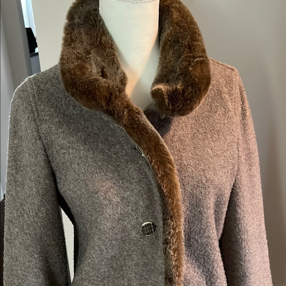 Brown-Gray Faux Fur Collar Wool blend Coat